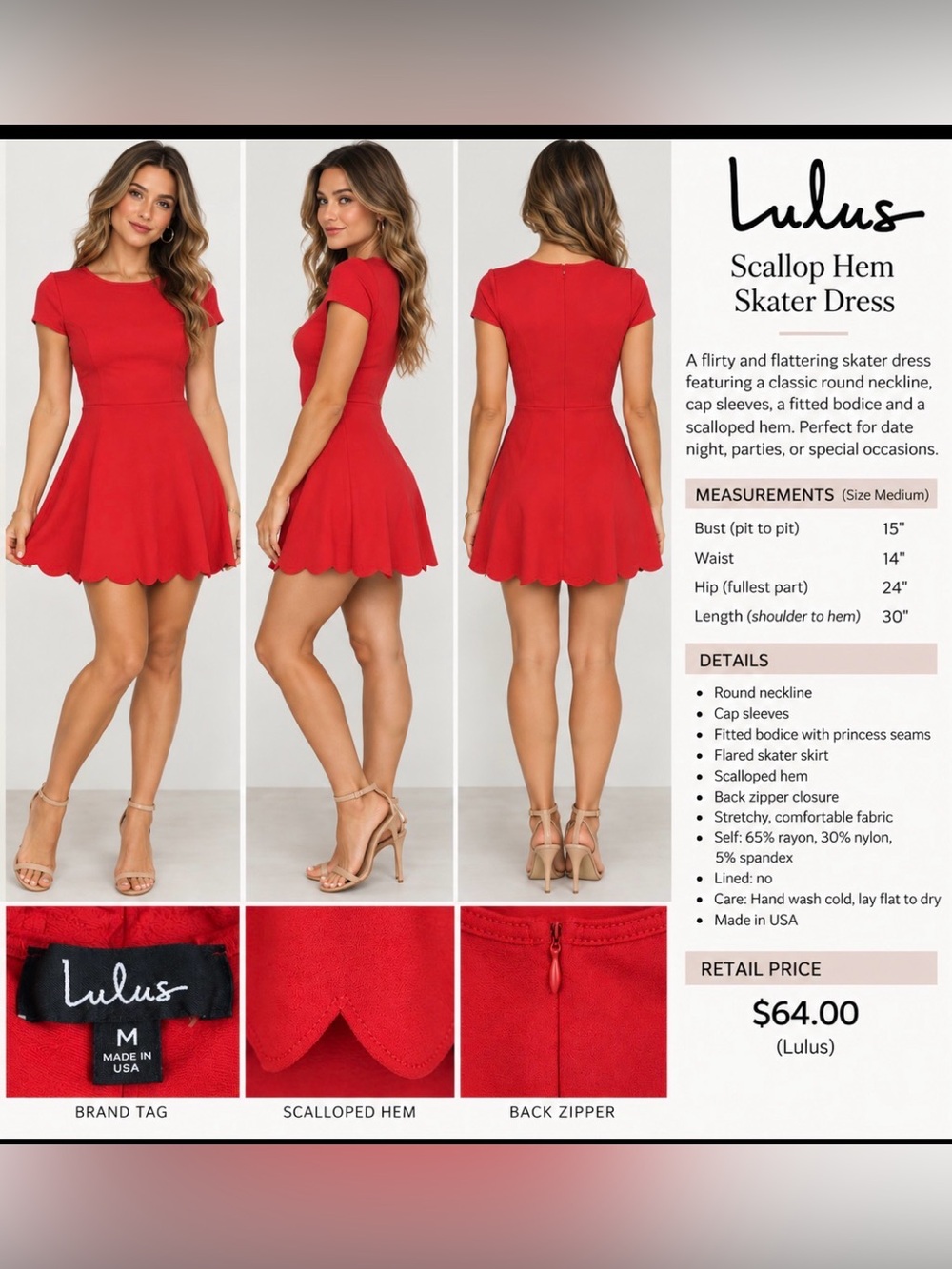 Lulu's Cherry Red Scallop-Hem Skater Mini Dress, Size M